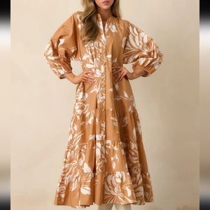 Prosperina Cream And BROWN 100% Maxi Dress Size XS (Oversized) NWT